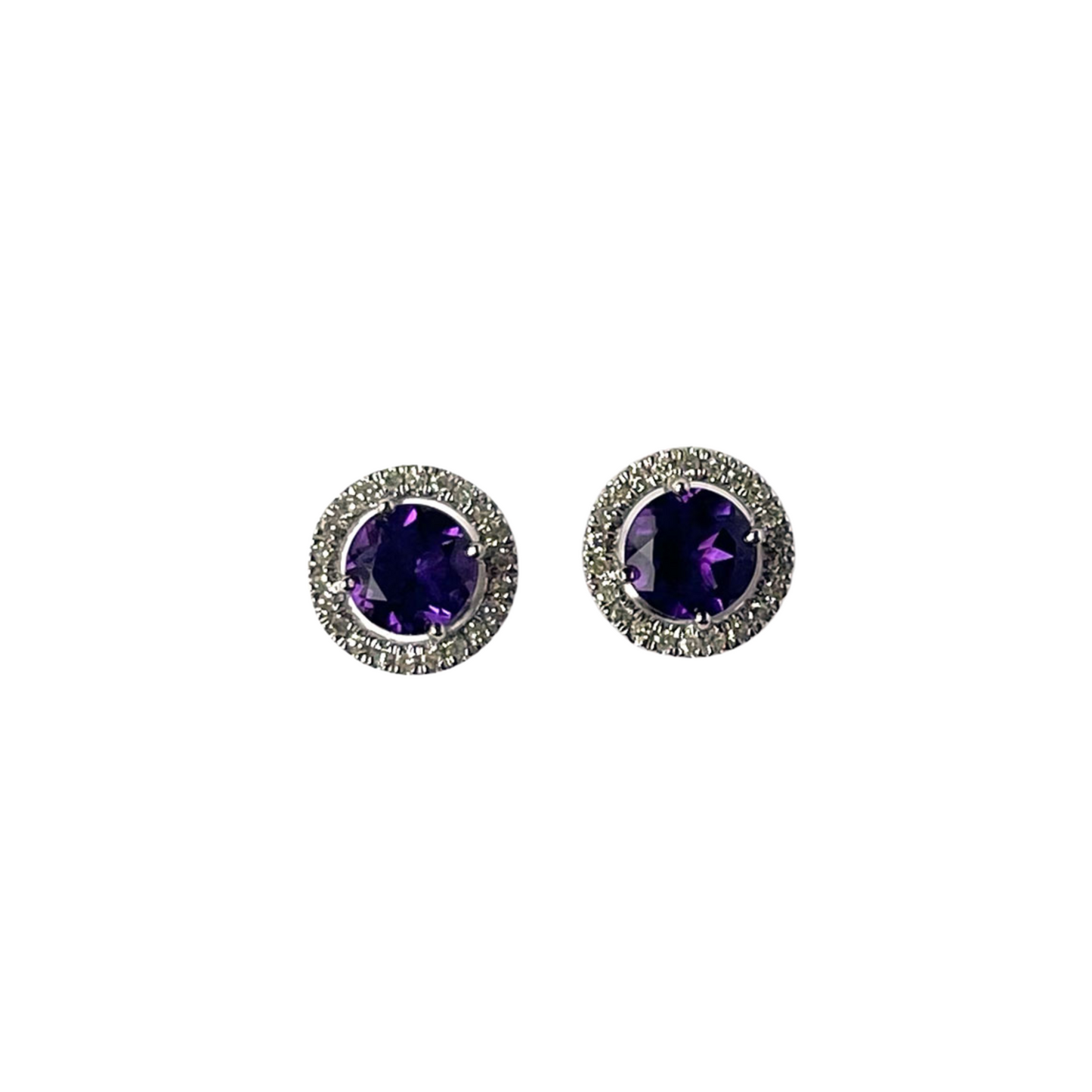 Aretes en oro blanco 10k con amatistas y halo de diamantes 0.15ctw