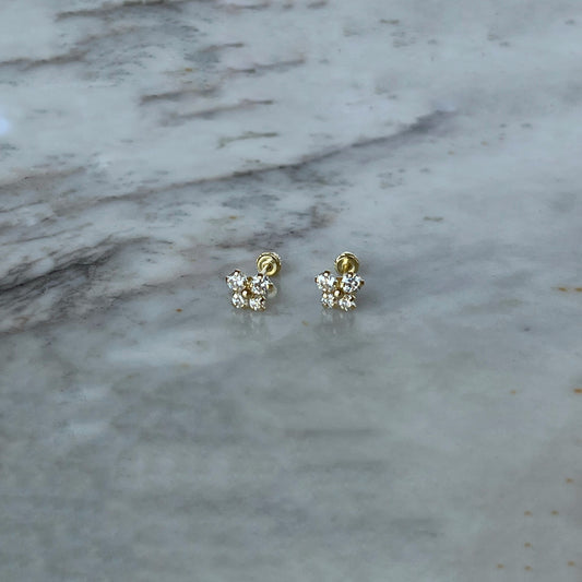 Aretes en oro amarillo 14K con mariposa con circonita blanca y bolita de oro en el centro con tope rosca