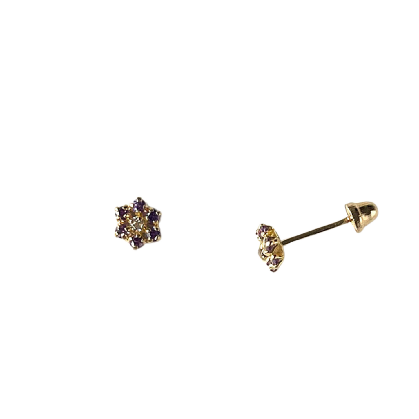 Aretes en oro amarillo 14k con flor de circonitas lila de 6 petalos