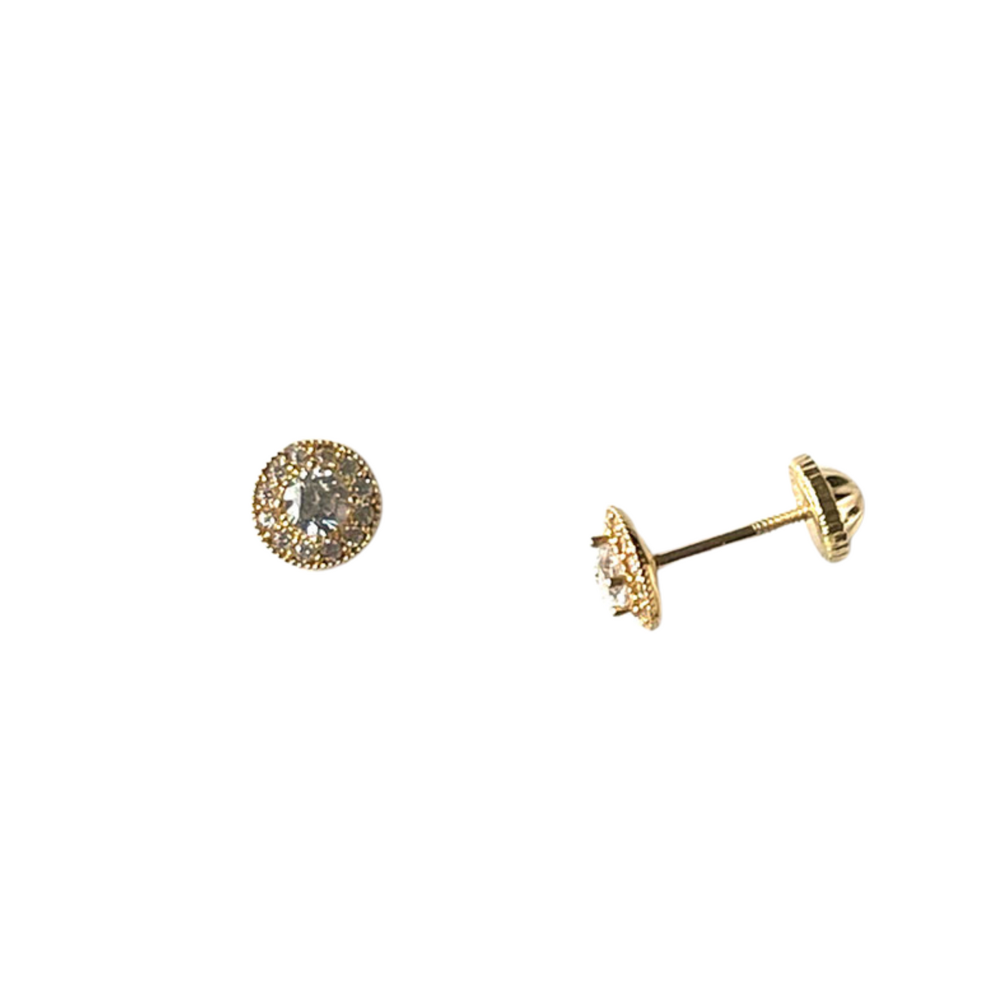 Arete en oro amarillo 18k con circonita blanca y Halo con tope rosca