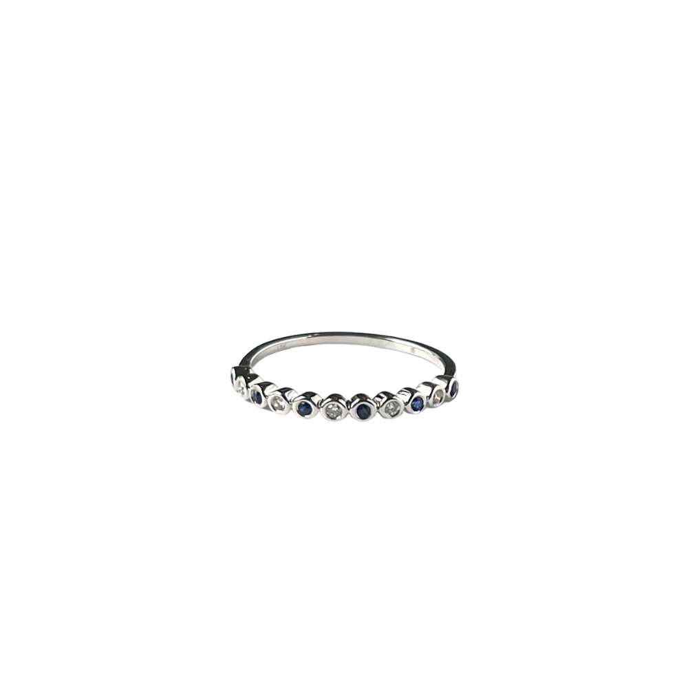 Anillo en oro blanco 14k con zafiros y diamantes 0.10ctw redondos biselados pequeños