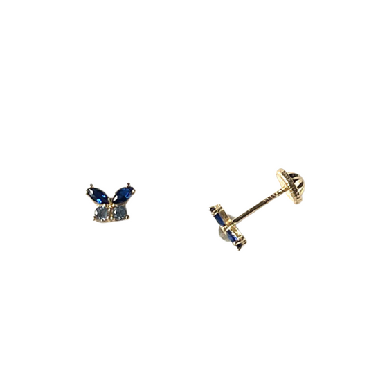 Aretes en oro amarillo 14k en forma de mariposa con circonita en tonos de azul