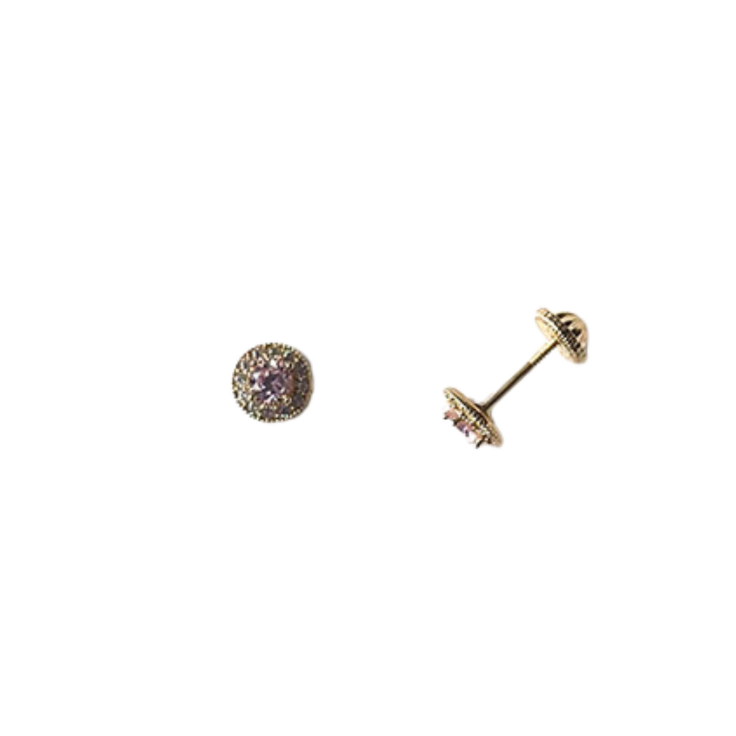 Arete en oro amarillo 14k con circonita rosada y Halo con tope rosca