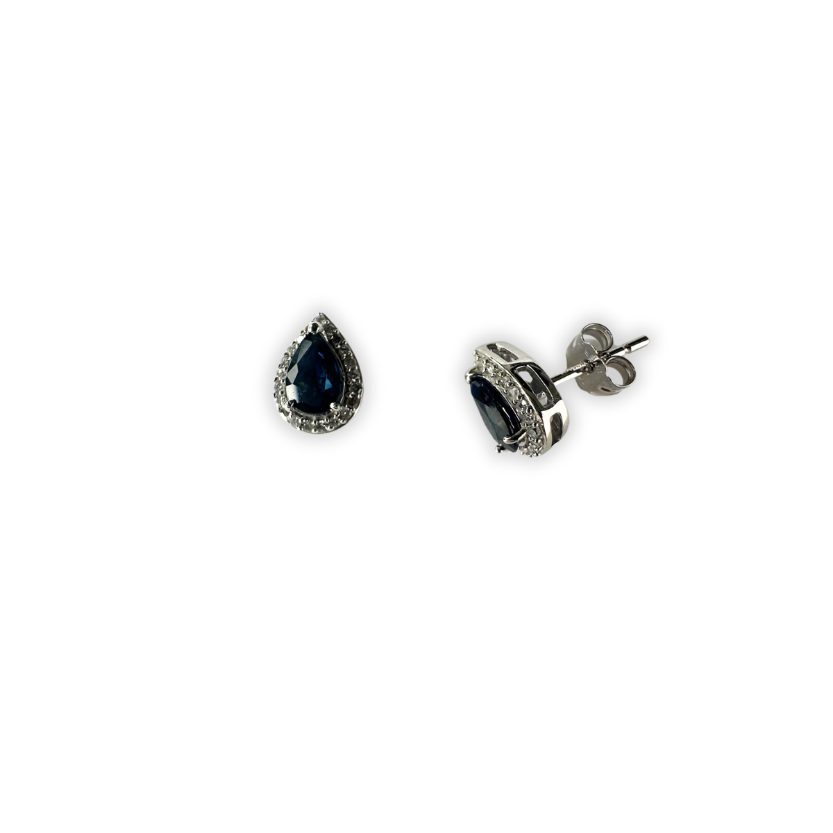 Aretes en oro blanco 10k con zafiro corte pera y halo de diamantes 0.12ctw