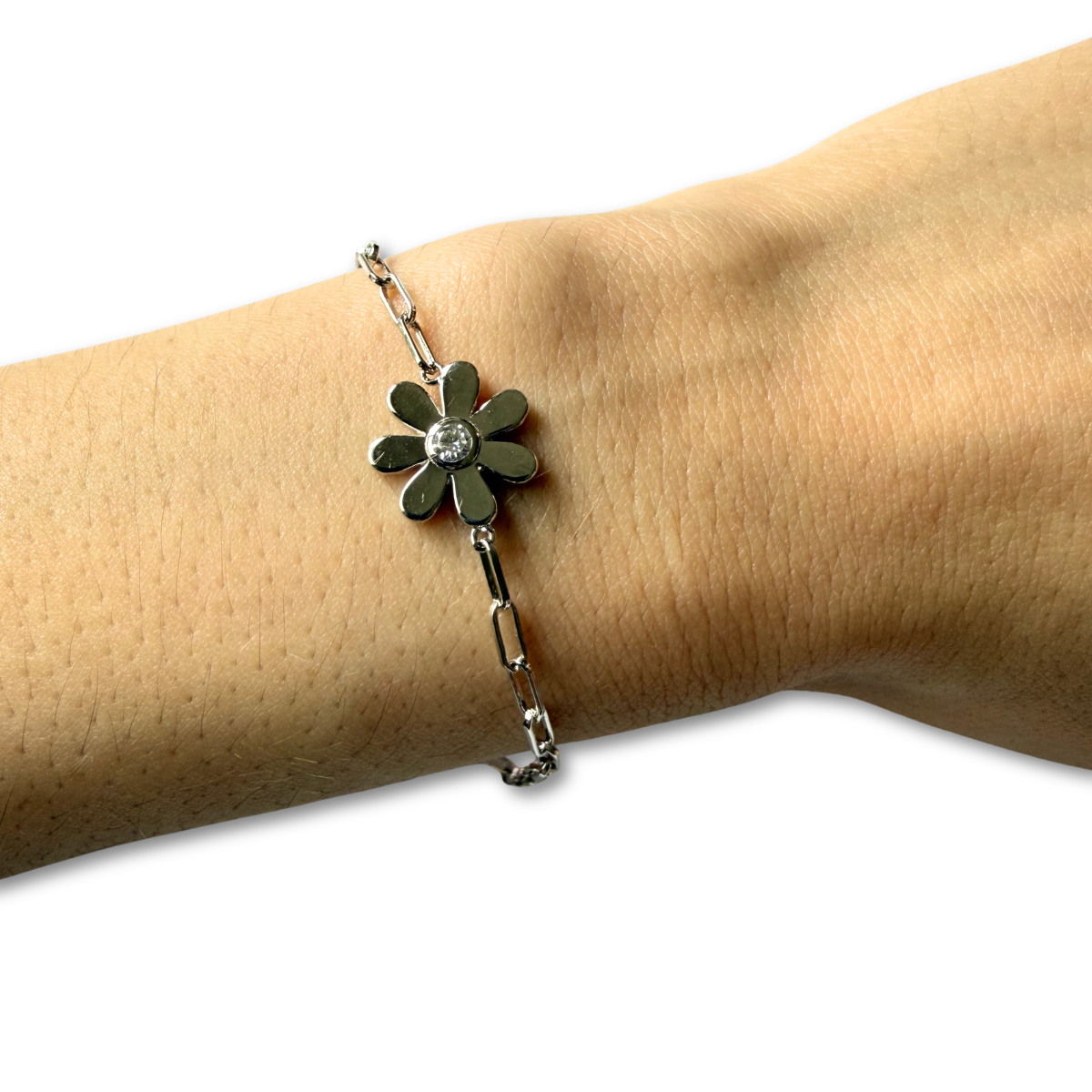 Pulsera paper clip de plata con flor y diamante de laboratorio 0.12ct