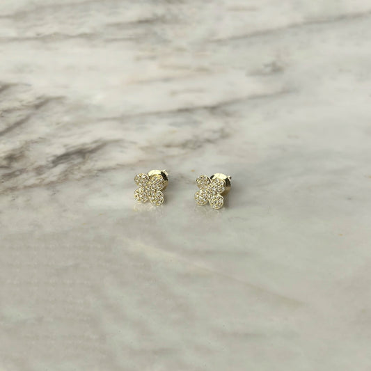 Aretes en oro amarillo 10k en forma de flor cuatro pétalos con diamantes 0.15ctw