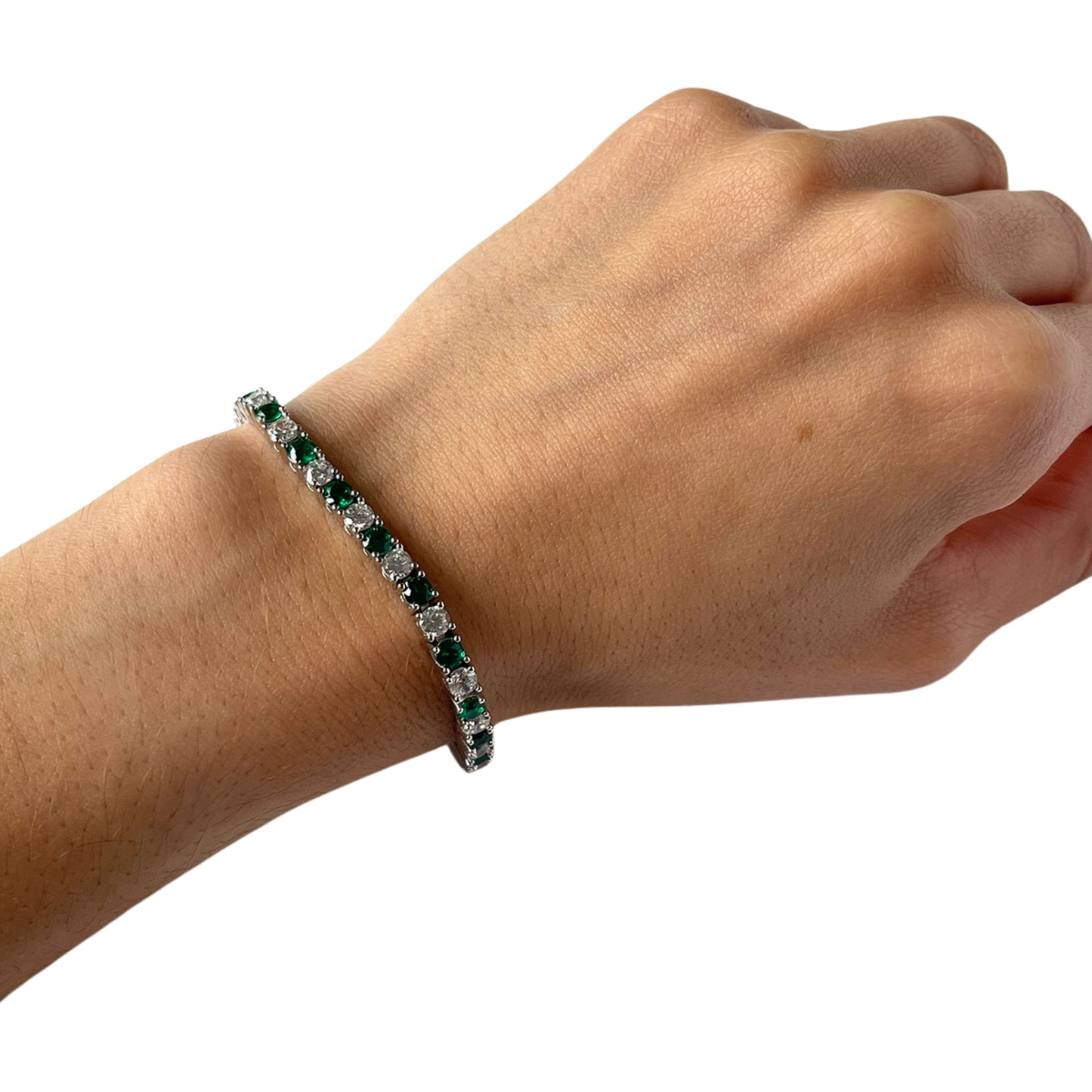 Pulsera tenis de plata con circonita verde y blanca