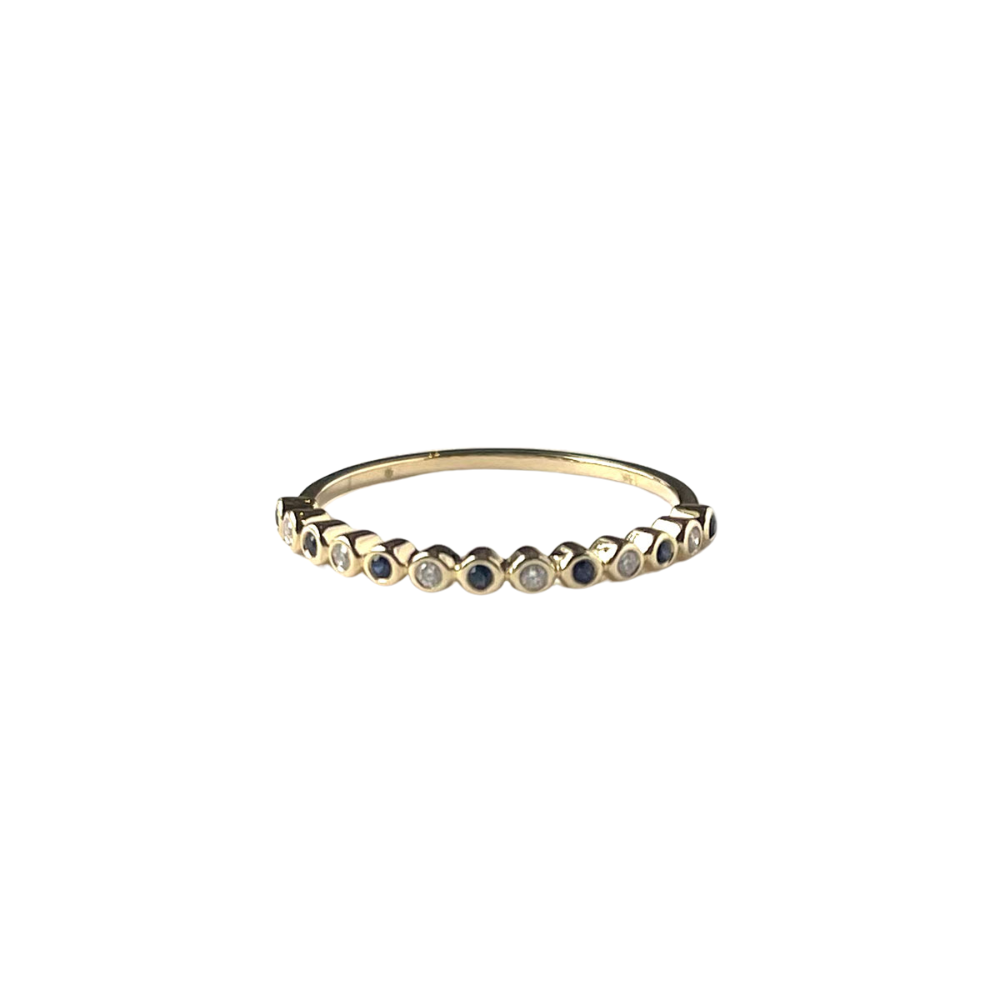 Anillo en oro amarillo 14k con zafiros y diamantes 0.10ctw redondos biselados pequeños