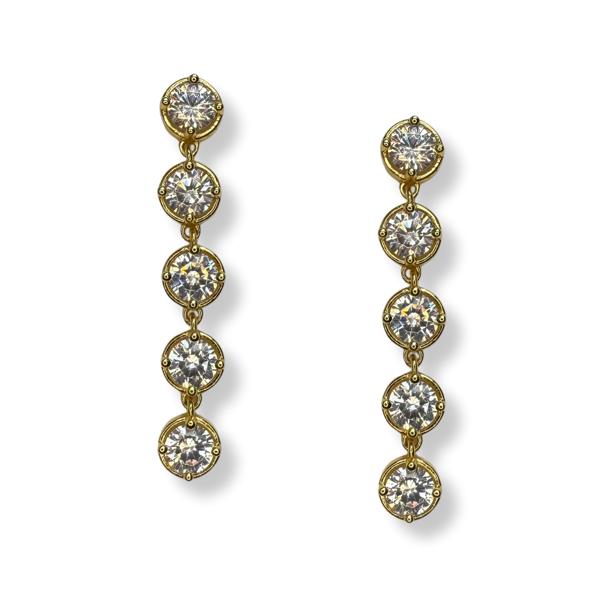 Aretes de plata con baño de oro amarillo y fila de circones colgantes redondos