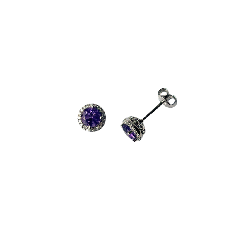 Aretes en plata con amatista y halo de diamantes 0.10ctw