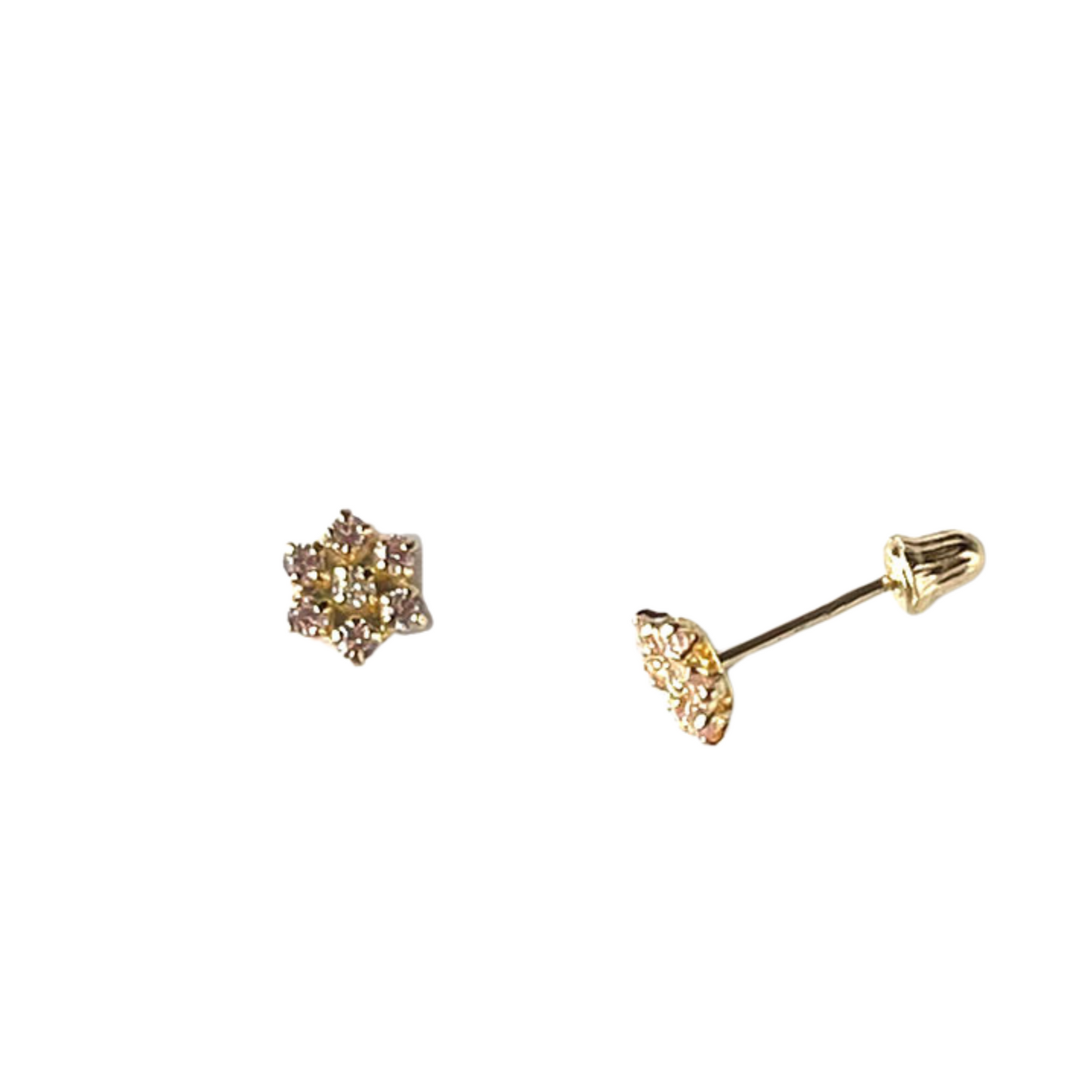 Aretes en oro amarillo 14k con flor de circonitas rosado de 6 petalos