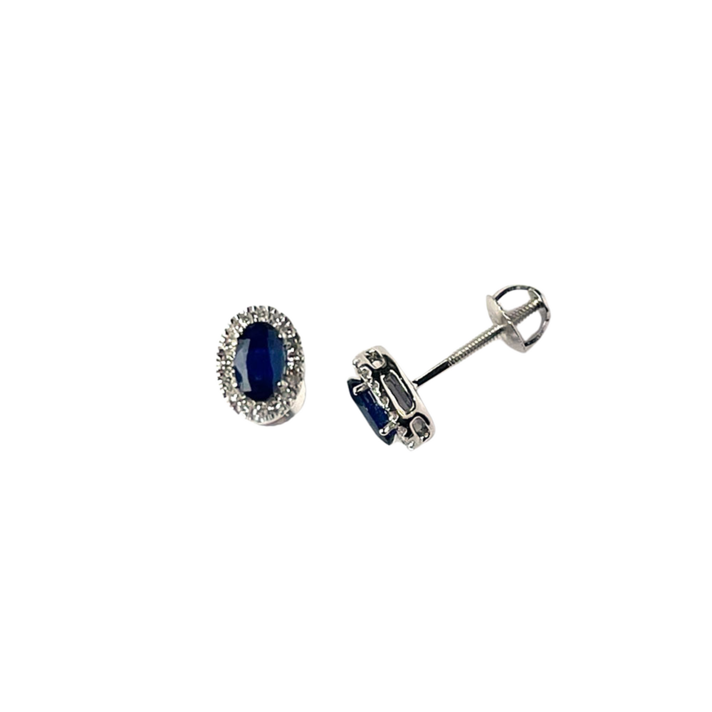 Aretes en oro blanco 14K con zafiro y halo de diamantes 0.10ctw