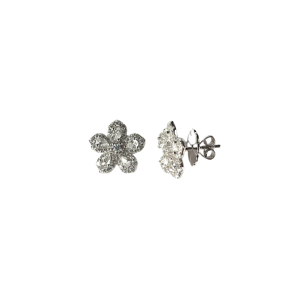 Aretes de flor con circonitas en plata con baño de platino