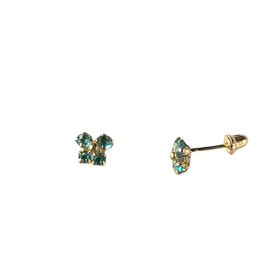 Aretes en oro amarillo 14K con mariposa con circonita celeste y bolita de oro en el centro con tope rosca