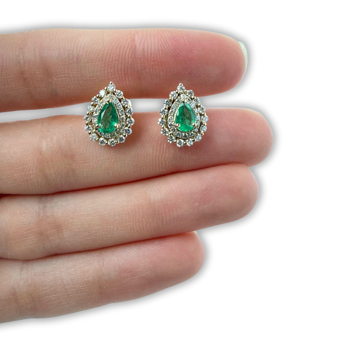 Aretes en oro amarillo 14k con gotas de esmeralda 0.68ctw y doble fila de diamantes 0.61ctw
