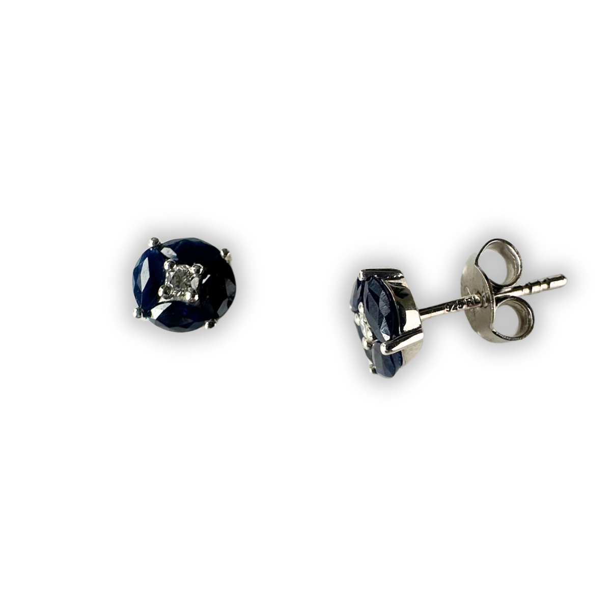 Aretes de plata redondos con marquesas de zafiro y diamante central 0.08ctw
