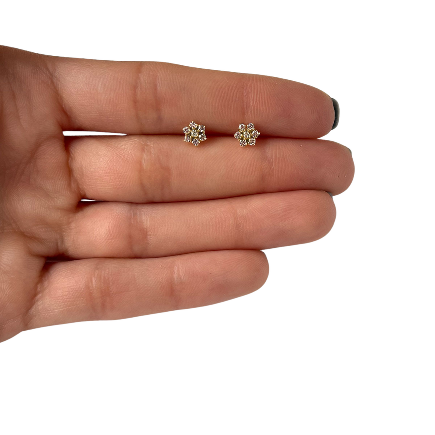 Aretes en oro amarillo 14k con flor de circonitas rosado de 6 petalos
