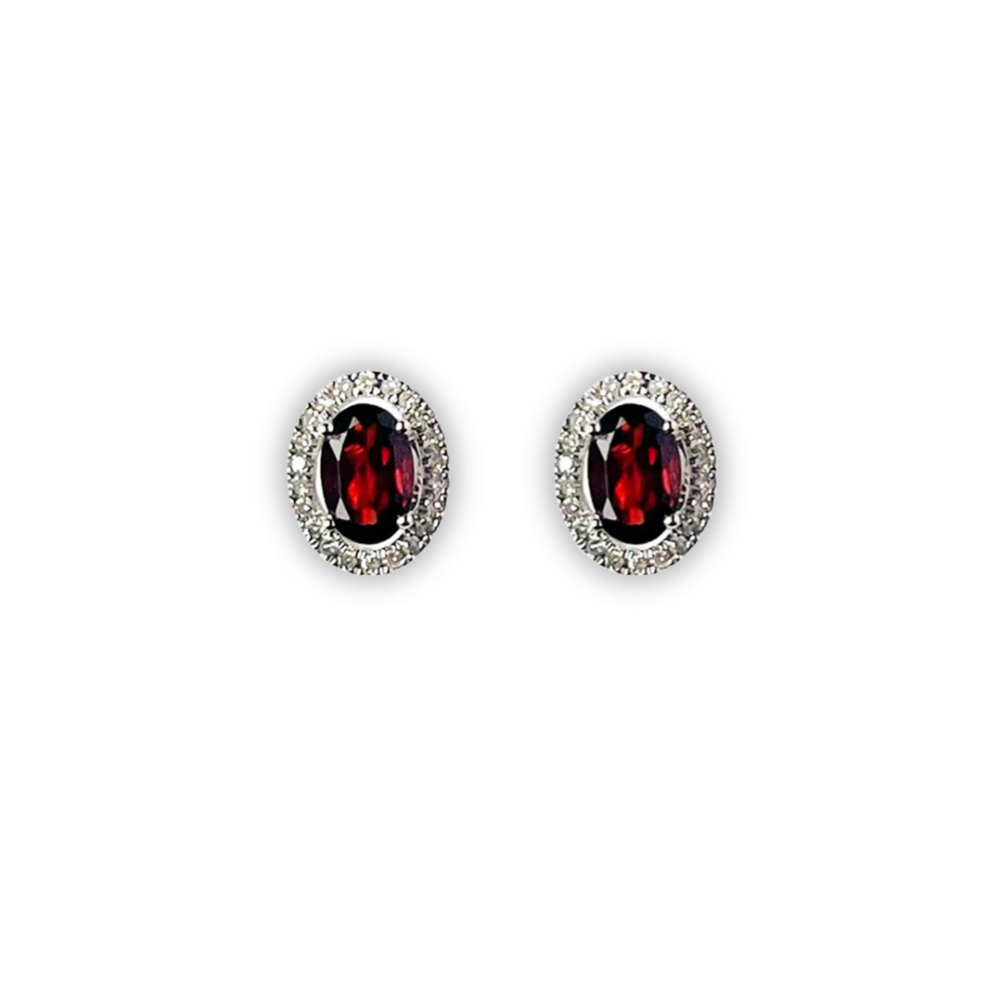 Aretes en oro blanco 10k con granates y halo de diamantes 0.15ctw