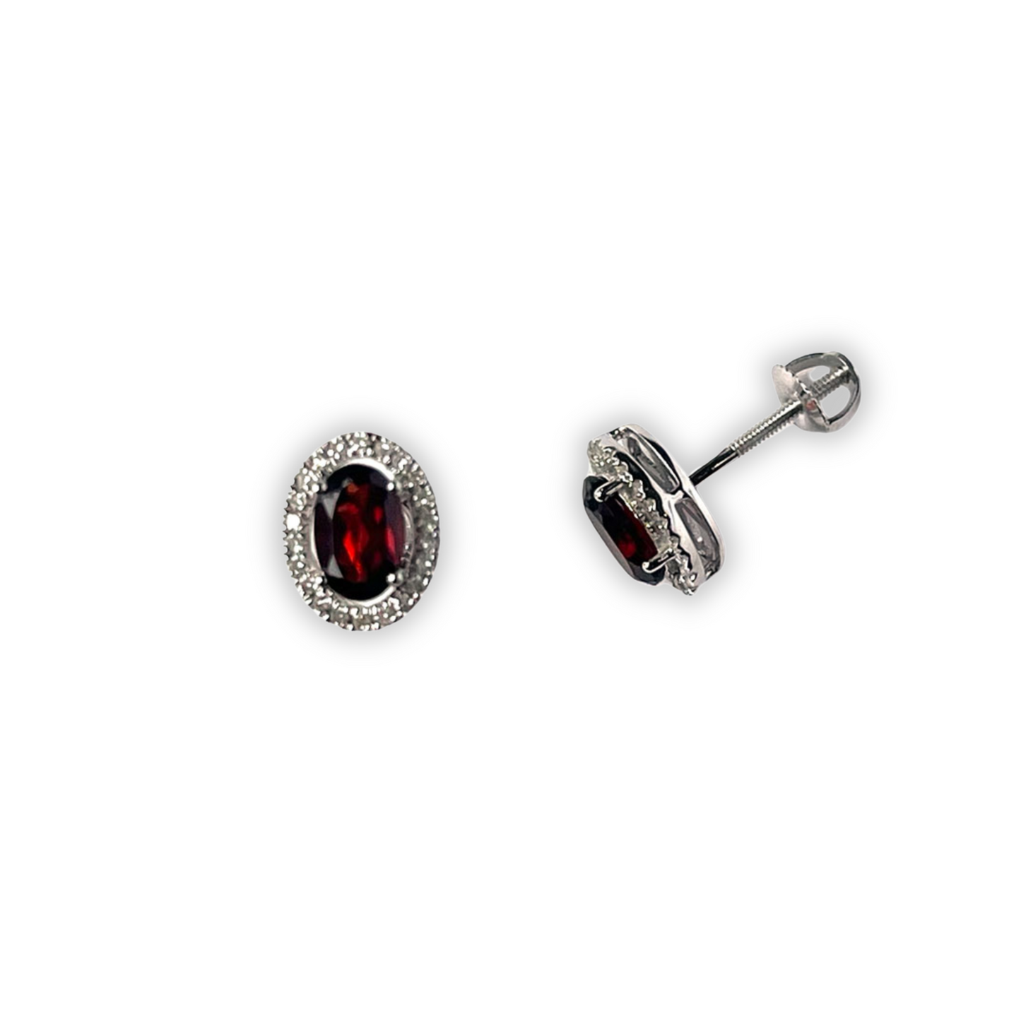 Aretes en oro blanco 10k con granates y halo de diamantes 0.15ctw