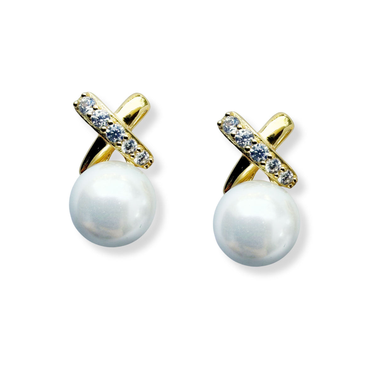 Aretes de plata con baño de oro amarillo con perla y una X arriba con línea de circonitas