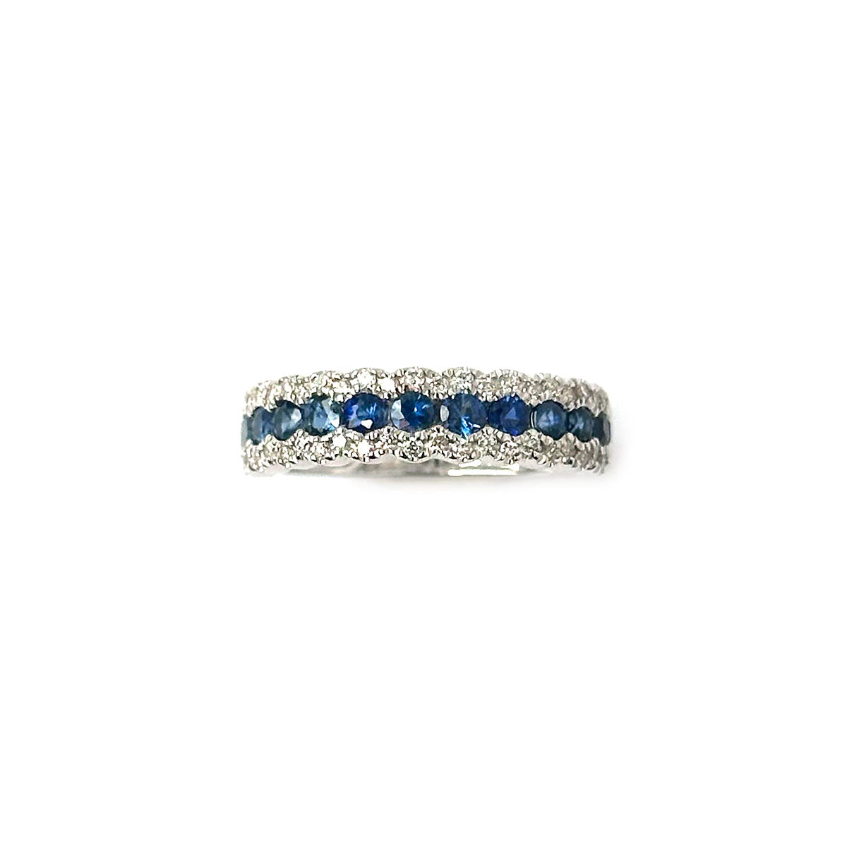 Anillo en oro blanco 14K con zafiros redondos y dos filas de diamantes 0.30ctw