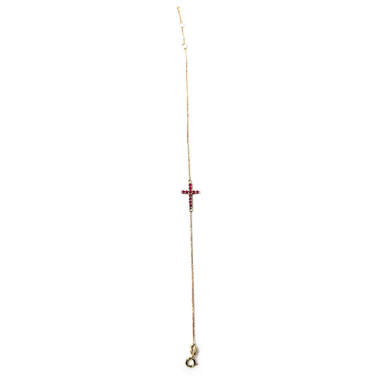 Pulsera de cadenita de oro amarillo 14K con cruz de rubíes