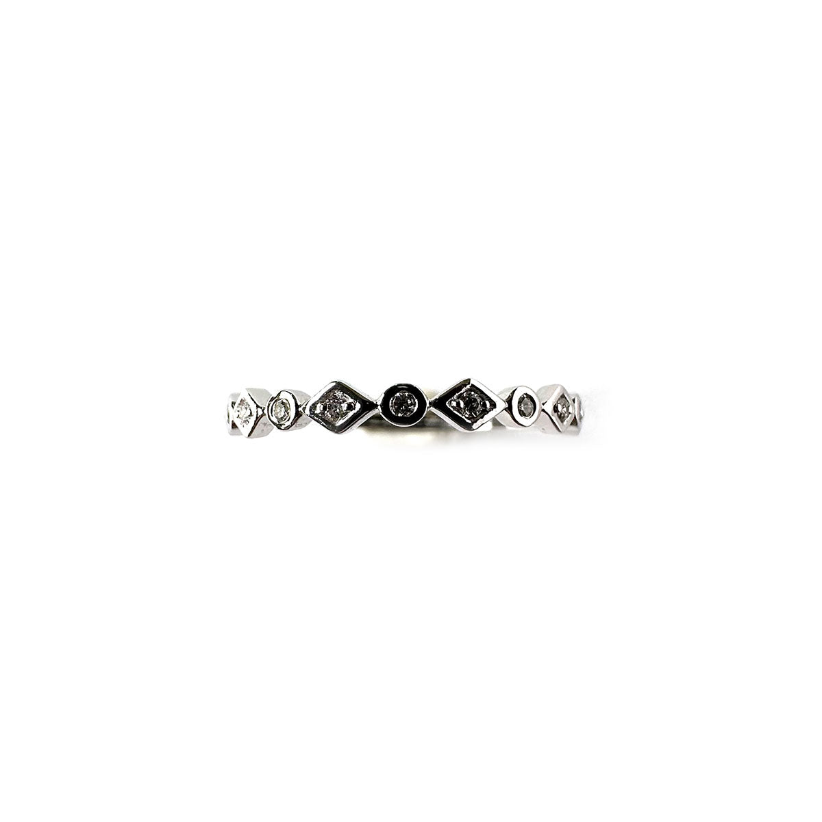 Anillo medio cintillo de rombo y círculo con diamantes 0.10ctw en oro blanco 10k