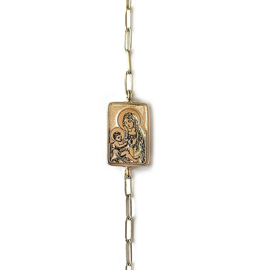 Pulsera en oro de 14k con escapulario y cadena paper clip