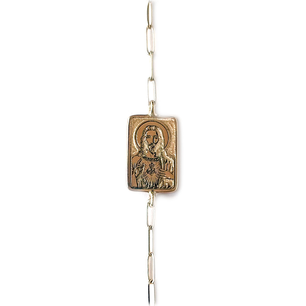 Pulsera en oro de 14k con escapulario y cadena paper clip