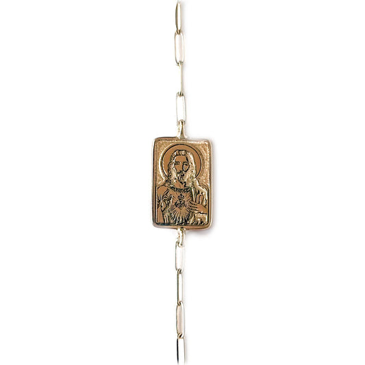 Pulsera en oro de 14k con escapulario y cadena paper clip