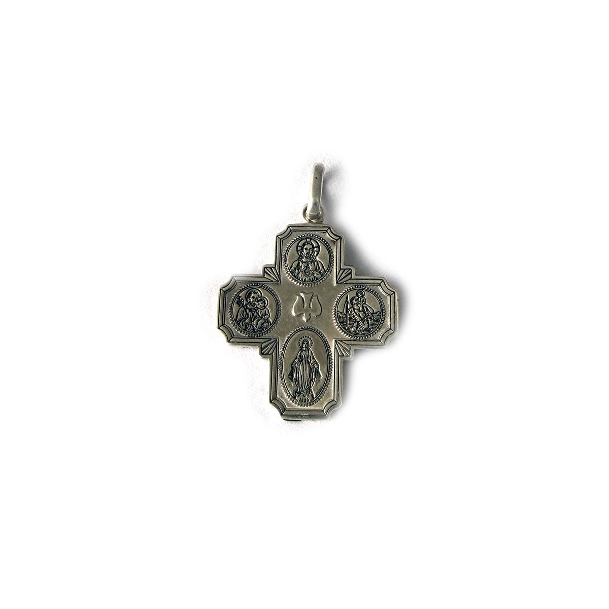 Cruz de 4 imágenes en plata con pasacadena
