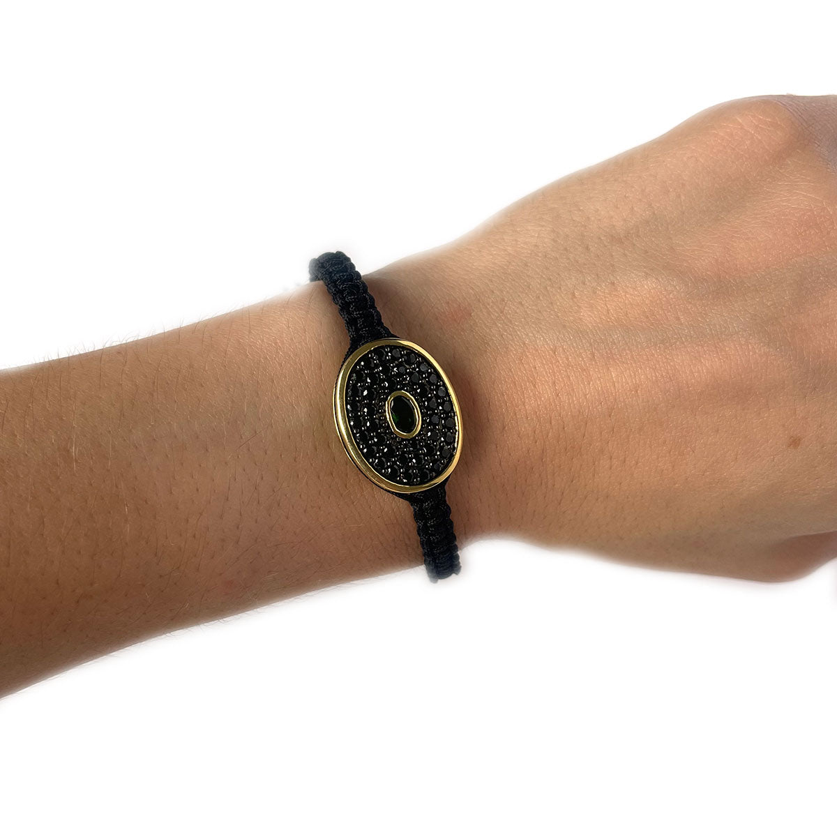 Pulsera de plata con baño de oro con diópsido de cromo y espineles negros y cordón