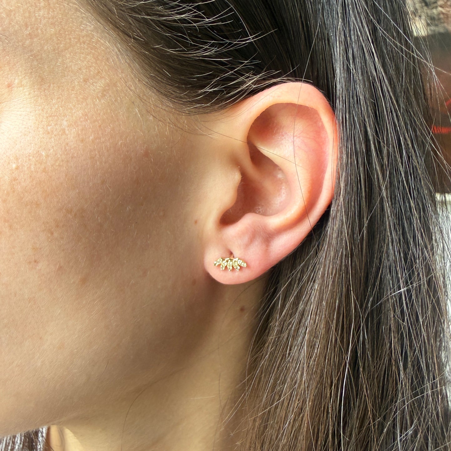 Aretes en oro amarillo 10K con hojitas de diamantes 0.20ctw con broche rosca