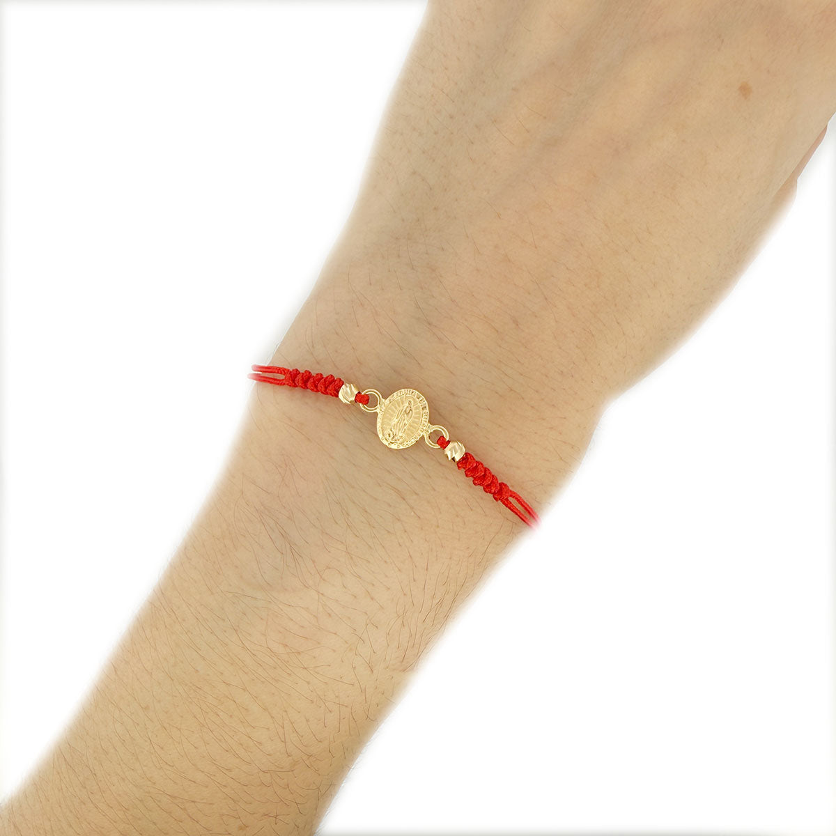 Pulsera de cordón rojo con medalla de la virgen Milagrosa en oro amarillo 18K