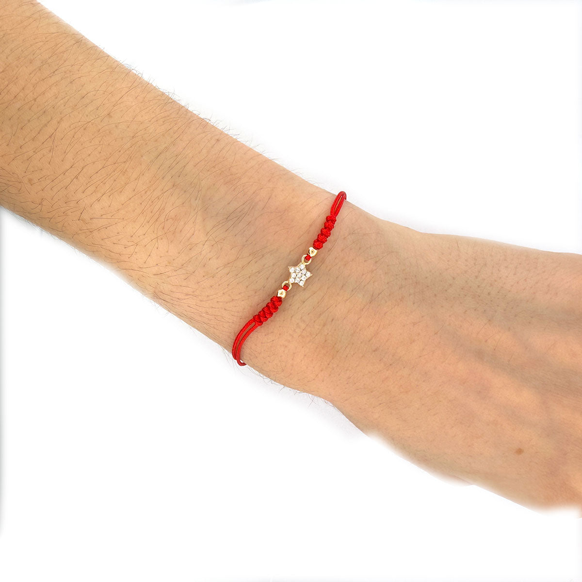 Pulsera de cordón rojo con estrella de circonitas en oro amarillo 14K