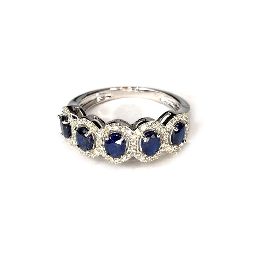 Anillo en oro blanco 14K con zafiros ovalados y diamantes 0.33ctw