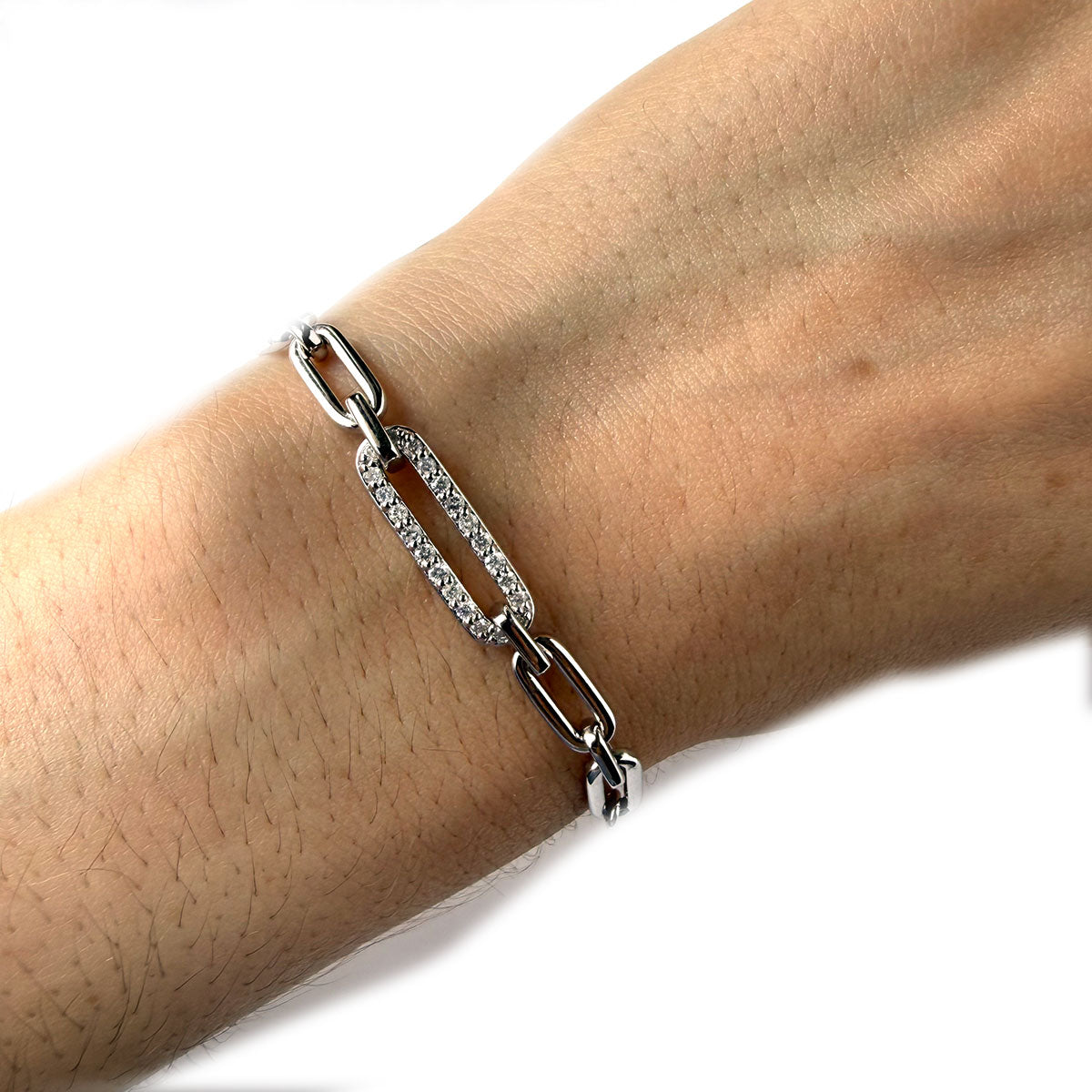 Pulsera de plata tipo bolo con cadena paper clip y diamantes 0.25ctw