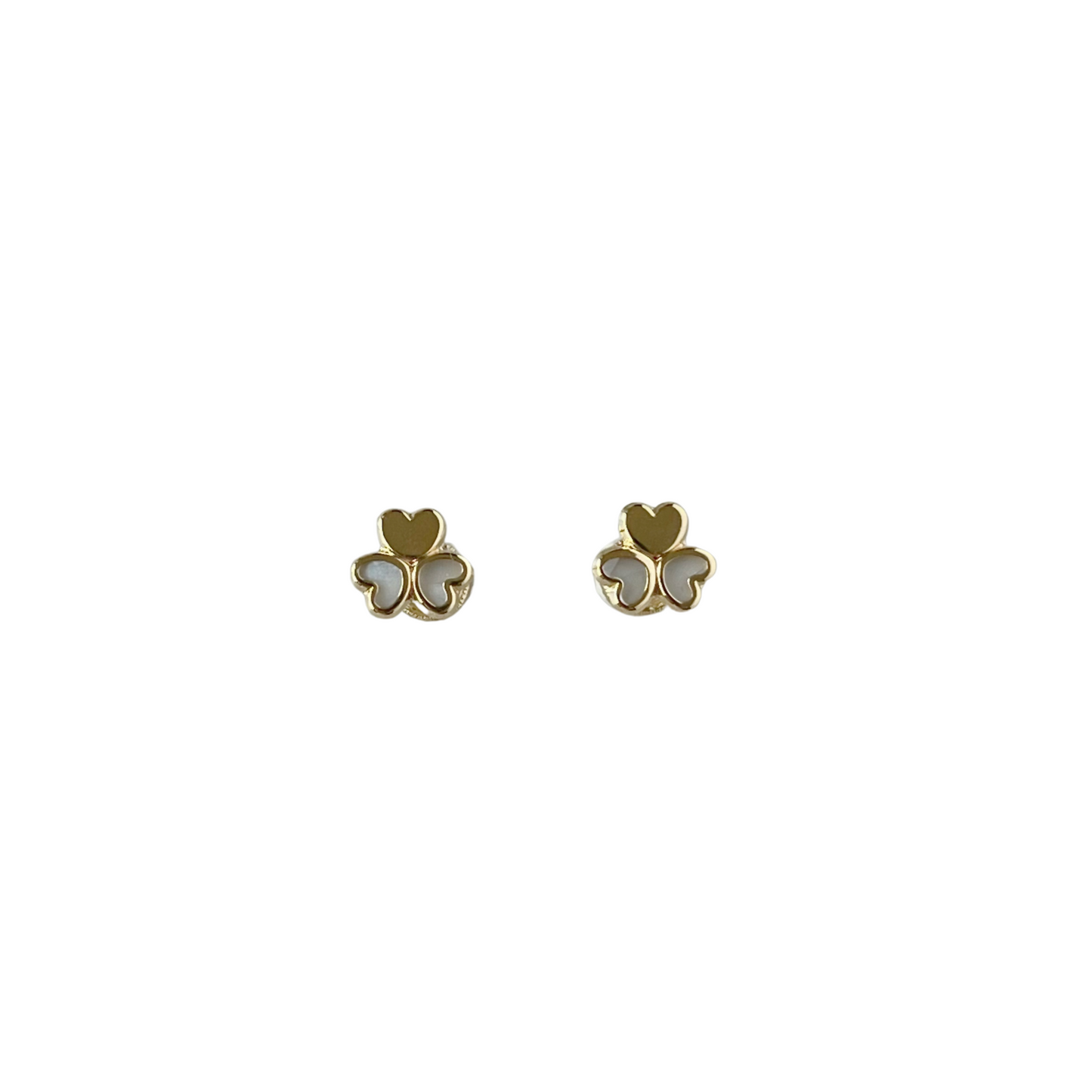Aretes en oro amarillo de 14K con trébol en madre perla y oro con tope rosca