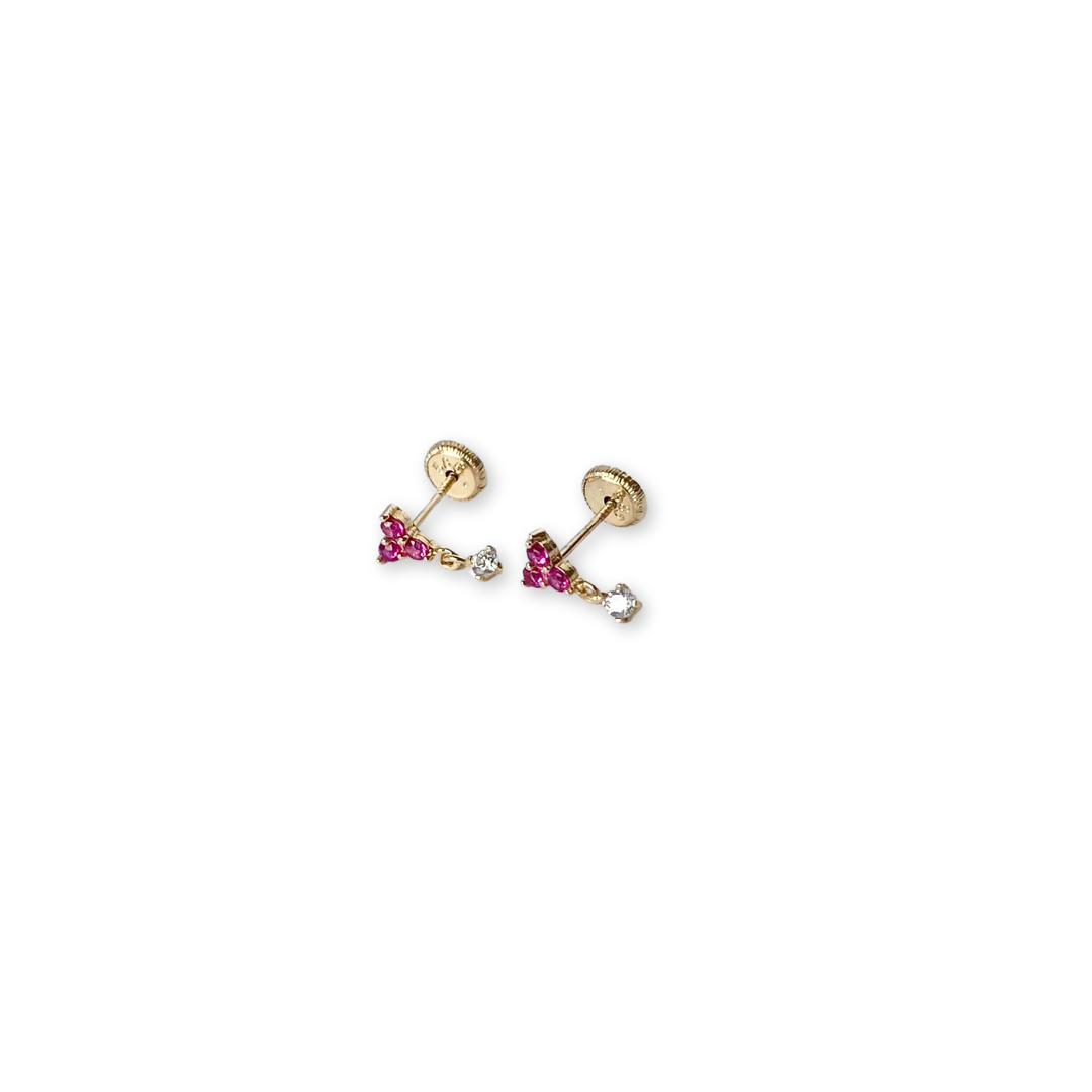 Arete con tres circonitas fucsia y una circonita colgante en oro amarillo de 14K con tope rosca