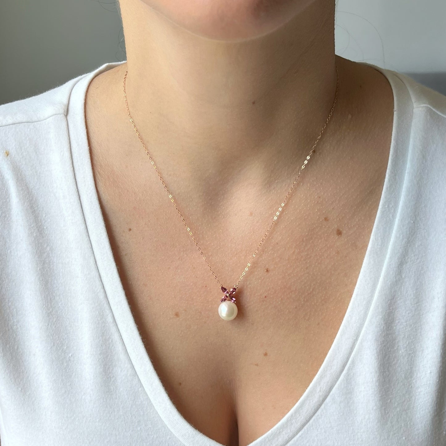 Collar en oro rosa 14K con Perla y turmalinas rosadas