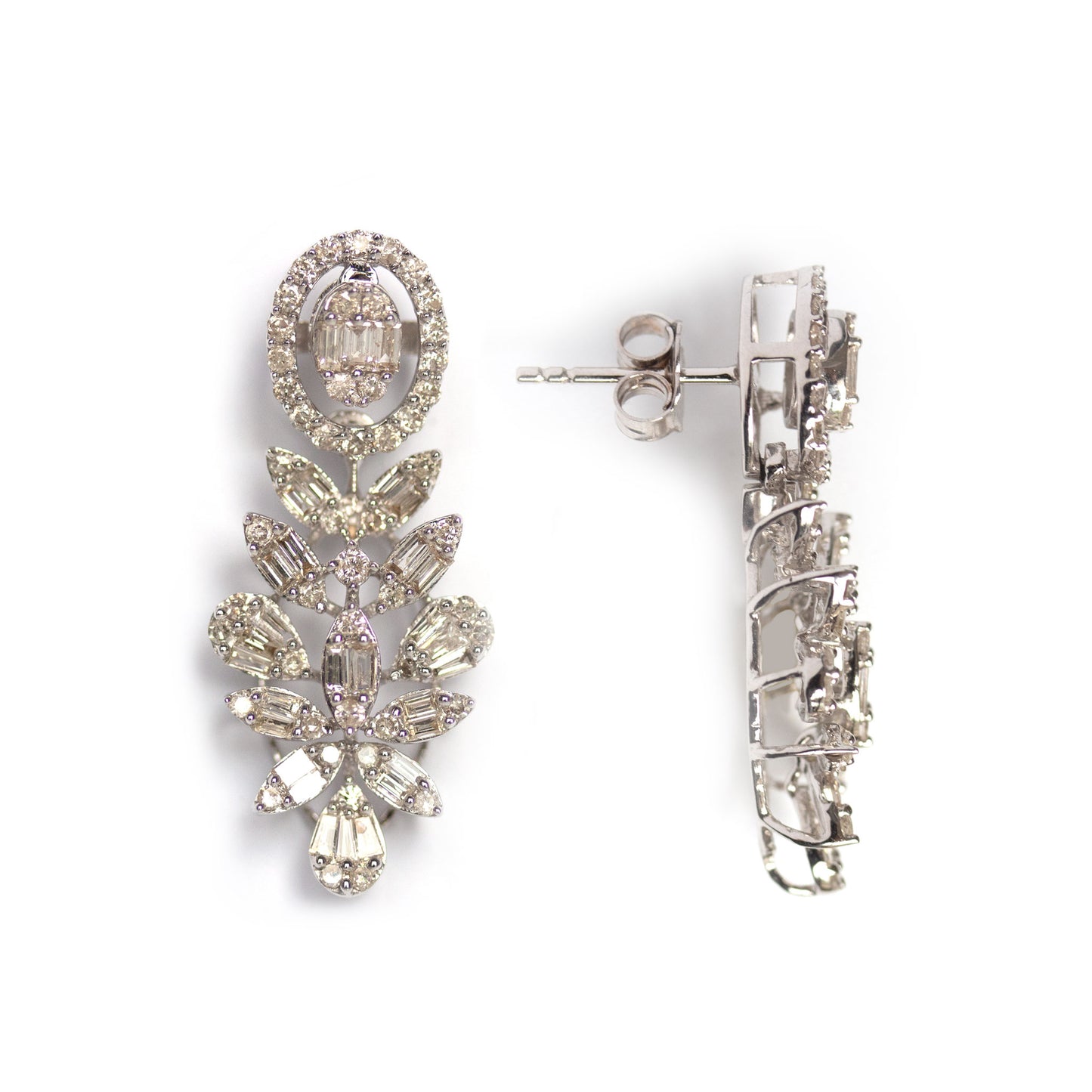 Aretes largos oro blanco 14k diamantes dos quilates hojitas