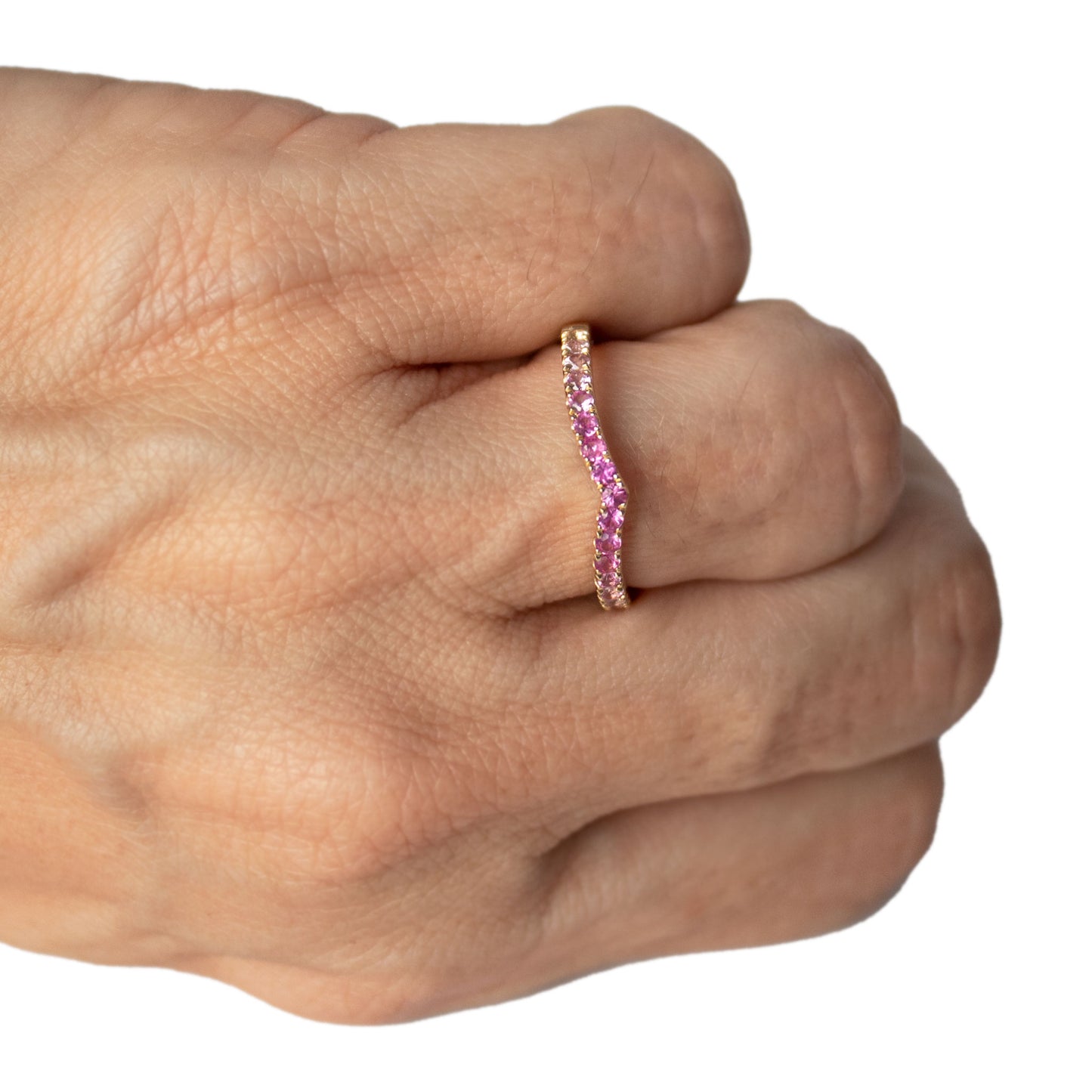 Anillo en V con zafiros en degradé rosa 0.42 ctw en oro amarillo de 14k