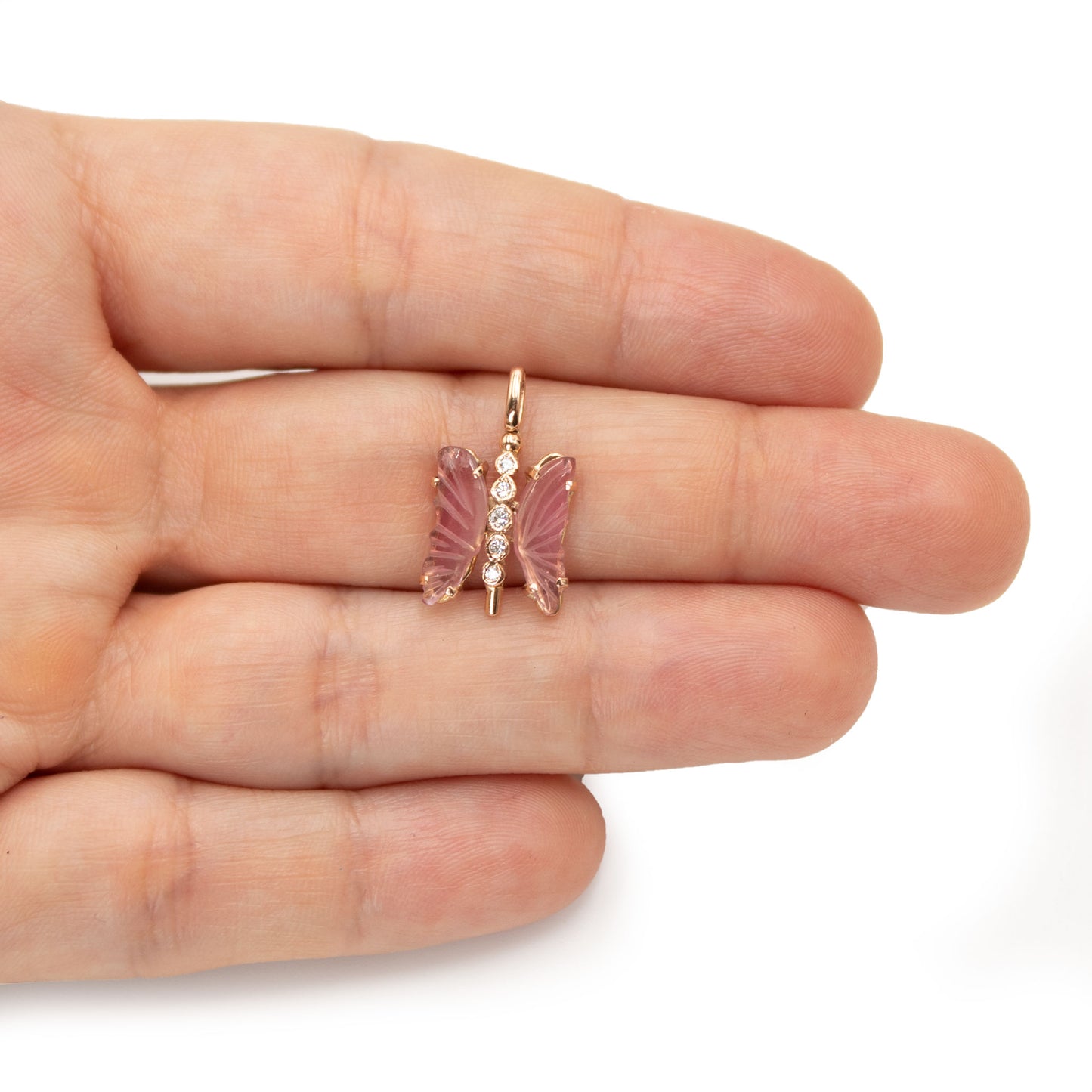Dije de mariposa de turmalina y diamantes en oro rosa 14k