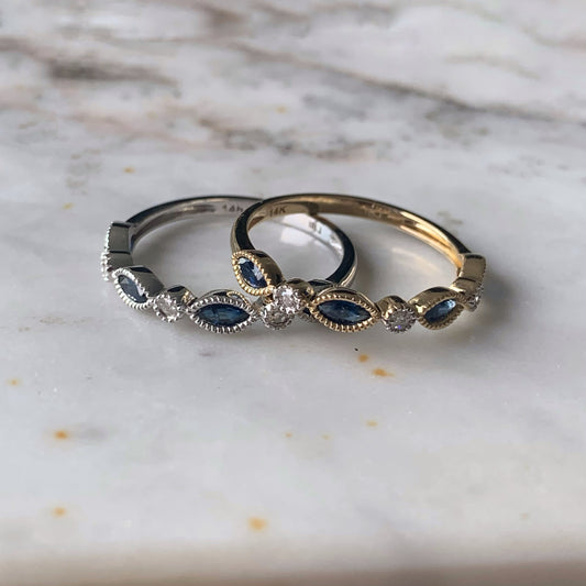 Anillo de zafiros y diamantes en oro blanco 14k