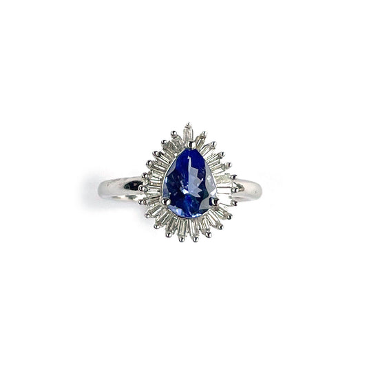 Anillo de oro blanco 10K con tanzanita corte pera y halo de diamantes baguette 0.20ct