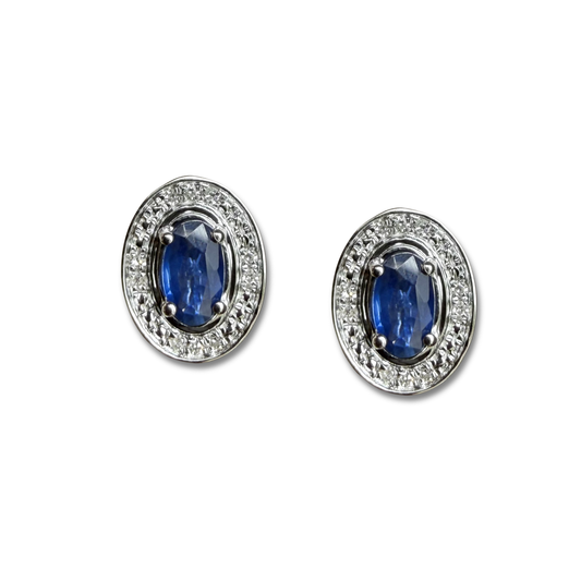 Aretes en oro blanco 10K con zafiro ovalado y halo de diamantes 0.05ctw