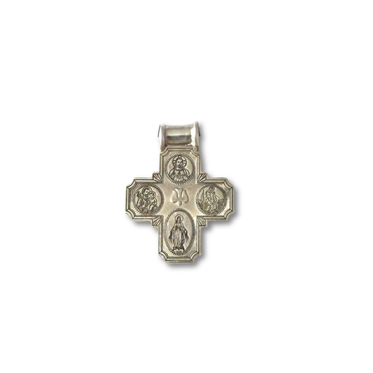 Cruz de 4 imágenes en plata con pasacadena tubo