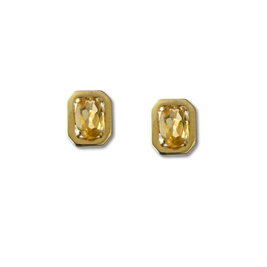 Aretes en oro amarillo 14k rectangulares con citrino ovalado y tope rosca