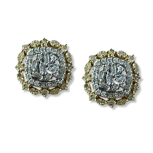 Aretes en oro blanco y amarillo 14k con diamantes redondos y baguettes