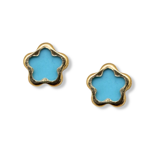 Aretes en oro amarillo 14k con flor pequeña de turquesa